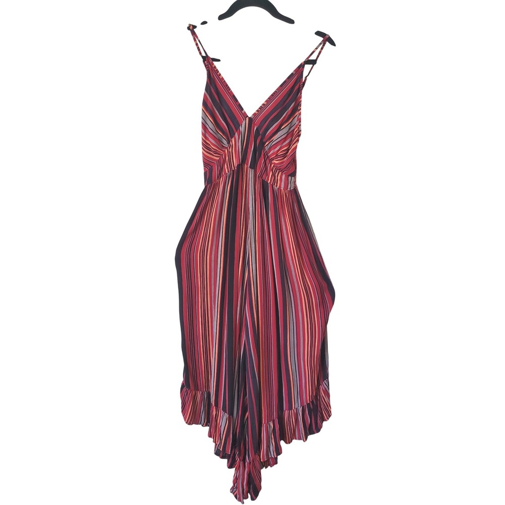 Angie Womens Red Striped Wide Leg Jumpsuit V-Neck Ruffle Small Bohemian Boho